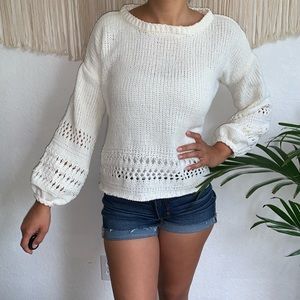 Cupio Balloon Sleeve Cropped Crochet Sweater M